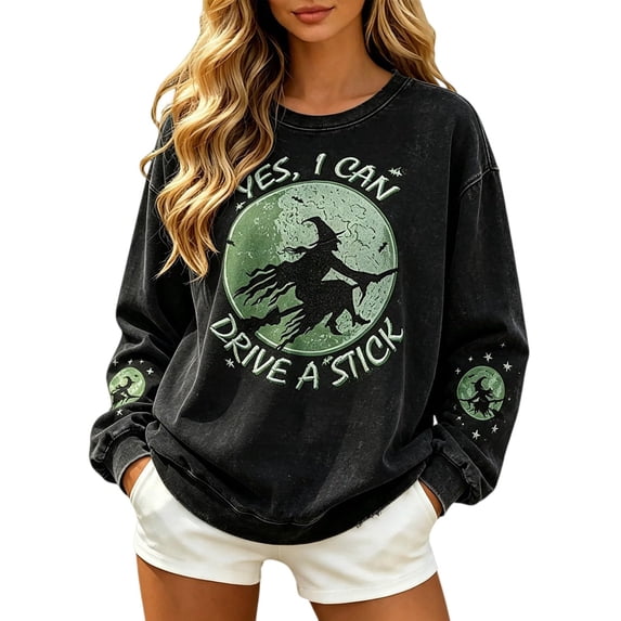 Halloween Sweatshirt Women's Salem Broom Company Printed Sweatshirt 2026 Loose Fit Witch Tee Halloween Sweatshirt