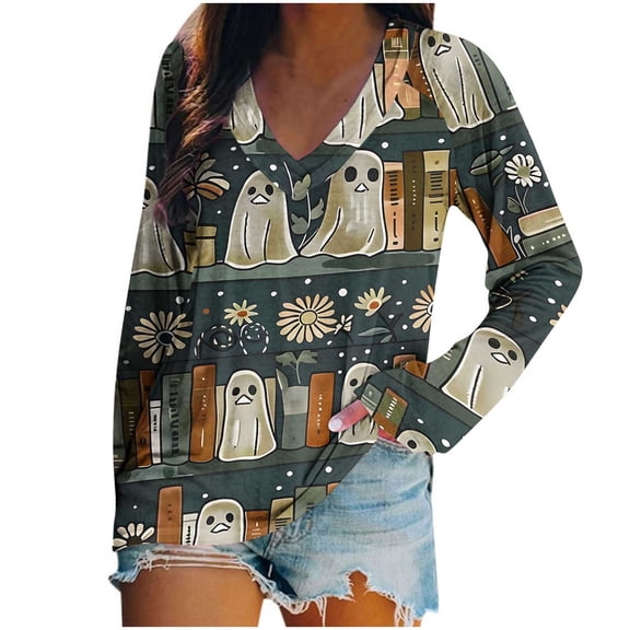 Halloween Sweatshirt Womens Fall Winter Long Sleeve V Neck Casual Loose Fitting Pullover Cute Blouses Tops,Army Green,M