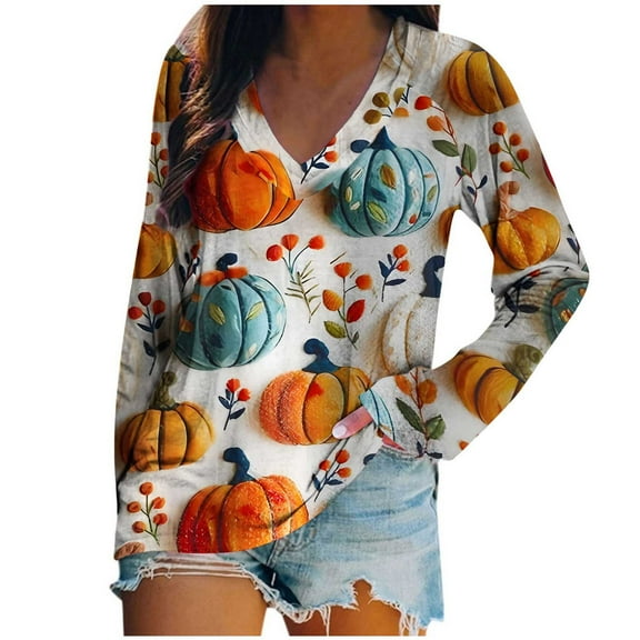 Halloween Sweatshirt Womens Fall Winter Long Sleeve V Neck Casual Loose Fitting Pullover Cute Blouses Tops,Orange 1,2XL