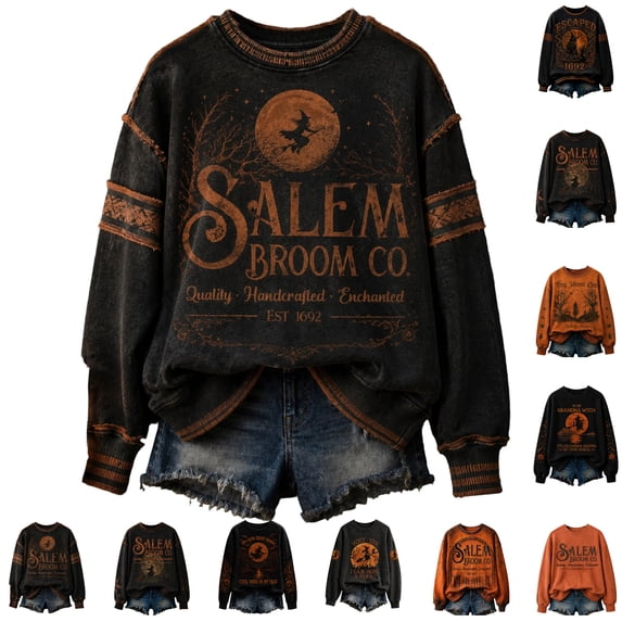 Halloween Sweatshirt for Women Crew Neck Salem Broom Company Pullover Sweatshirt Cute Party Fall Trendy Womens Sweatshirt Complexion 3XL