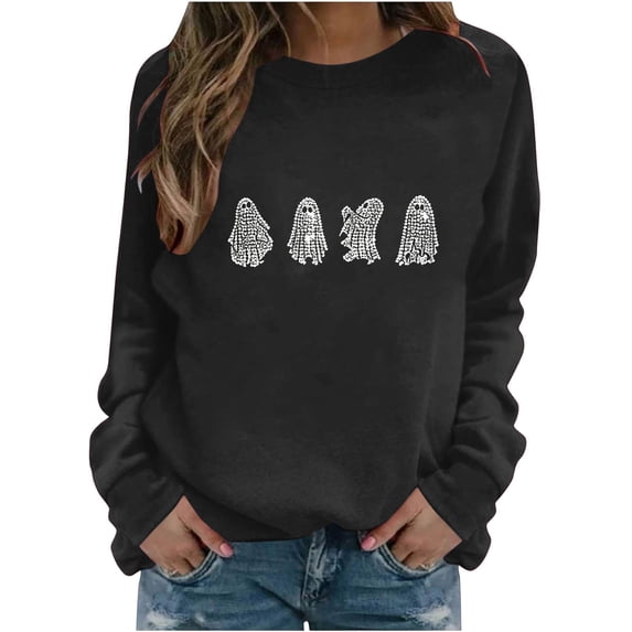 Halloween Sweatshirt for Women Dressy Rhinestone Ghost Pumpkin Pullover Crewneck Long Sleeve Tops Loose Fit Soft Funny Holiday Tees