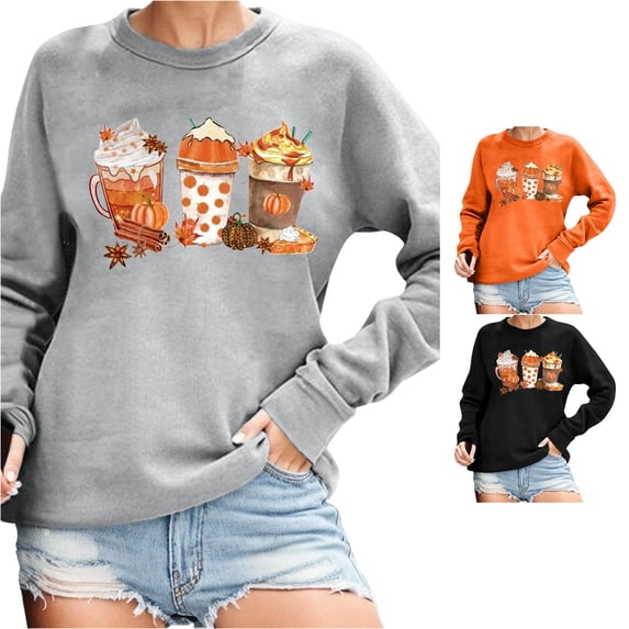 Halloween Sweatshirt for Women Hoodless Sweatshirt Fall Sweatshirt for Women Fashion Seasonal Autumn Pumpkin Loose Pullover Long Sleeve Tee Grey L