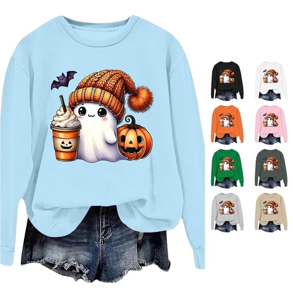 Halloween Sweatshirt for Women Hoodless Sweatshirt Oversized Crewneck Long Sleeve Pullover Sweatshirt for Women Blue S