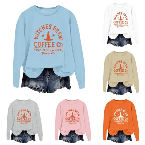 Halloween Sweatshirt for Women Hoodless Sweatshirt Women Fashion Letter Sweatshirt Long Sleeve Casual Round Neck Sweatshirt Sky Blue L