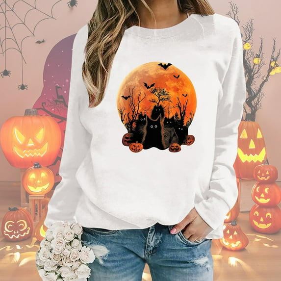 Halloween Sweatshirt for Women Long Sleeve Crew Neck Pumpkin Face & Cat Printed Pullover Shirt Comfy 2025 Fall Winter Fashion Tops