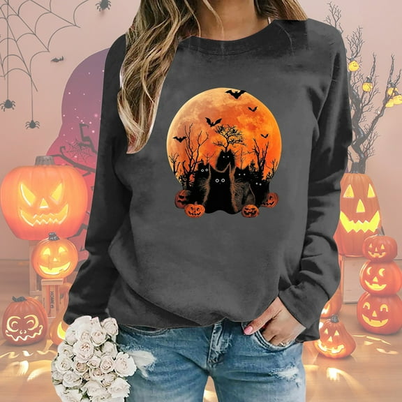Halloween Sweatshirt for Women Long Sleeve Crew Neck Pumpkin Face & Cat Printed Pullover Shirt Comfy 2025 Fall Winter Fashion Tops