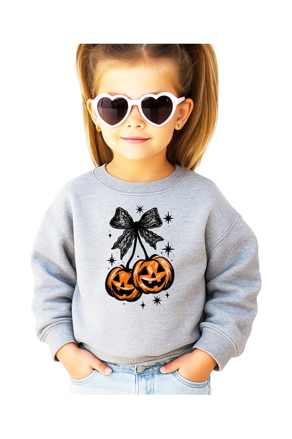 Halloween Sweatshirt for Women, Teens and Kids Jack-O-Lantern Pumpkin & Black Bow Sweater Gray Sweatshirt Youth Small