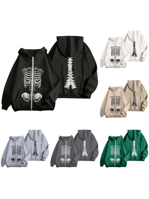 Halloween Sweatshirt for Women Zip Up Hoodie Oversized Streetwear Skeleton Graphic Pullover Casual Jacket for Everyday Wear Black S