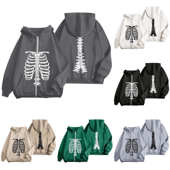 Halloween Sweatshirt for Women Zip Up Hoodie Oversized Streetwear Skeleton Graphic Pullover Casual Sweatshirt Outerwear for Daily Leisure Gray S