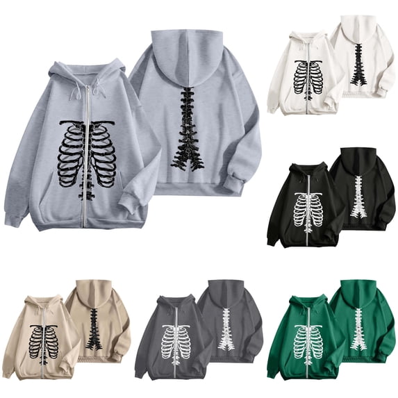 Halloween Sweatshirt for Women Zip Up Hoodie Oversized Streetwear Skeleton Graphic Pullover Casual Sweatshirt Outerwear for Daily Leisure Grey XL