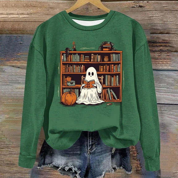 Halloween Sweatshirts For Women Sweatshirt Spooky Season Pullover Casual Round Neck Long Sleeved Pullover Hoodie Halloween Ghost Costumes Green XL