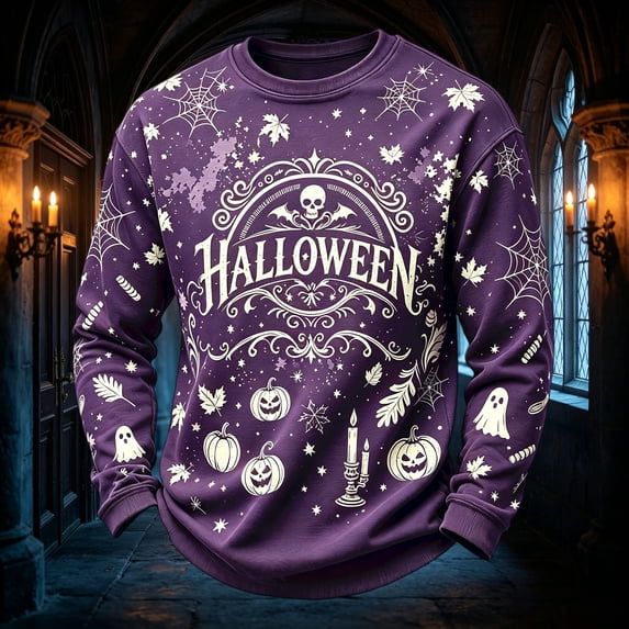 Halloween Sweatshirts Men Fall Leaves Pumpkin Crew Neck Horror Sweatshirts Ghost Skull Long Sleeve Spooky Lightweight Sweatshirt, M