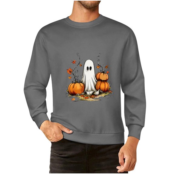 Halloween Sweatshirts Men Funny Ghost Graphic Sweatshirt Cute Season Party Sweater Fall Pullover Top Long Sleeve Printed Tee Shirt