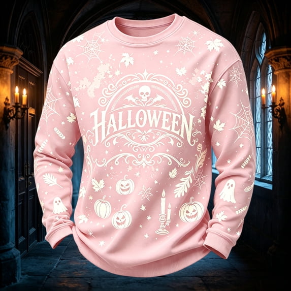Halloween Sweatshirts Men Skeleton Fall Leaves Crew Neck Funny Sweatshirts Spiderweb Ghost Long Sleeve Spooky Lightweight Sweatshirt, L
