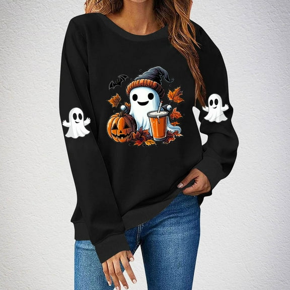 Xdegoge Halloween Sweatshirts for Women 2025 Pumpkin Ghost Graphic Long Sleeve Pullover Tops Oversized Cute Funny Crewneck Shirts Fall Vintage Festival T-Shirts Family Season Gifts