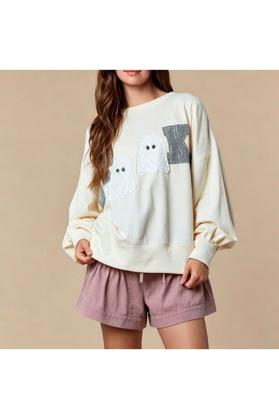 Halloween Sweatshirts Women Cute Embroidery Graphic Pullover Shirt Fun Hey Boo Long Sleeve Round Neck Pullover Top Women Soft Lightweight Fall Tops Daily Travel Party Outfits, White XL