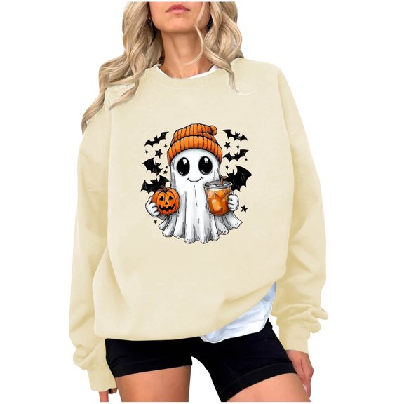 Halloween Sweatshirts Women Cute Ghost Pumpkin Oversized Shirts Casual Long Sleeve Fall Tops Lightweight (XXL, Beige)
