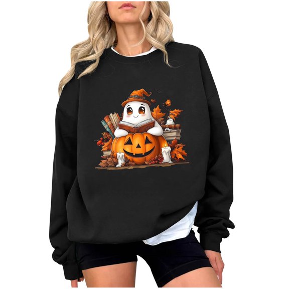 Halloween Sweatshirts Women Cute Ghost Pumpkin Oversized Shirts Casual Long Sleeve Fall Tops Lightweight (XXL, Black)