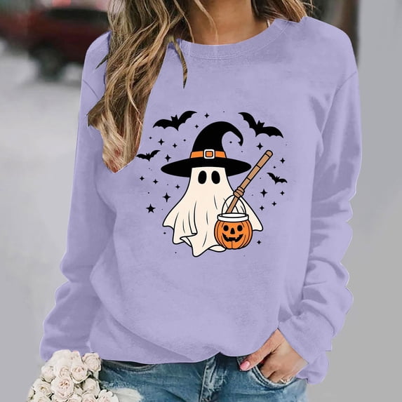 Halloween Sweatshirts Women Ghost Graphic Pullover Shirt | Halloween Witch Pumpkin Bat Crewneck Sweater