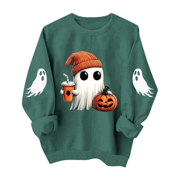 Halloween Sweatshirts Women Ghost Pumpkin Graphic Pullover Fall Spooky Funny Tops Crew Neck Long Sleeve Shirt