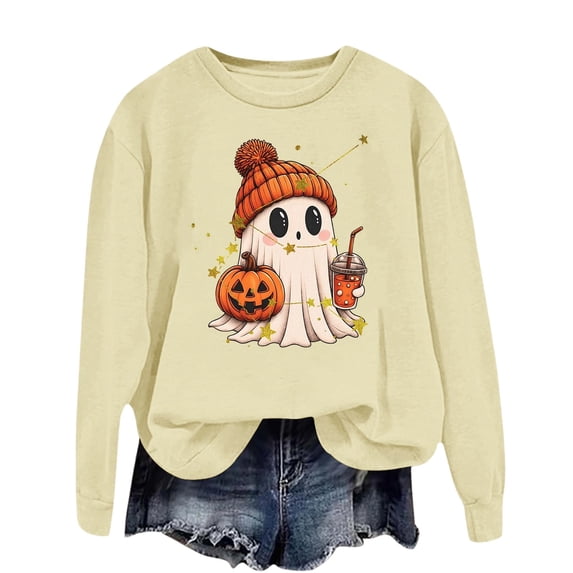 Halloween Sweatshirts for Women Ghost Pumpkin Long Sleeve Shirt Coffee Lover Graphic Tees Fall Spooky Pullover Tops Thanksgiving Graphic Tees Soft Trendy Print Shirts Fall Party Spooky Season