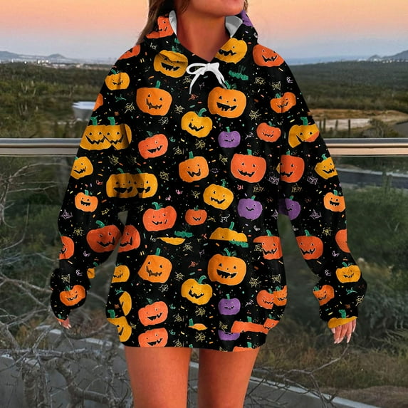 Halloween Sweatshirts for Women Oversized Long Sleeve Pumpkin Face Graphic Drawstring Hoodie Season Loose Thick Warm Pullover 2025 Fall Winter Festival Sweatshirt with Pocket Fit Funny GiftsXdegoge