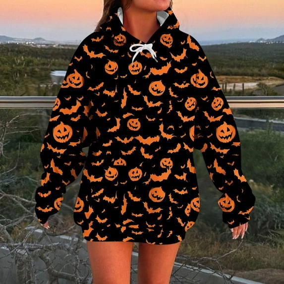 Halloween Sweatshirts for Women Oversized Long Sleeve Pumpkin Face Graphic Drawstring Hoodie Season Loose Thick Warm Pullover 2025 Fall Winter Festival Sweatshirt with Pocket Fit Funny GiftsXdegoge