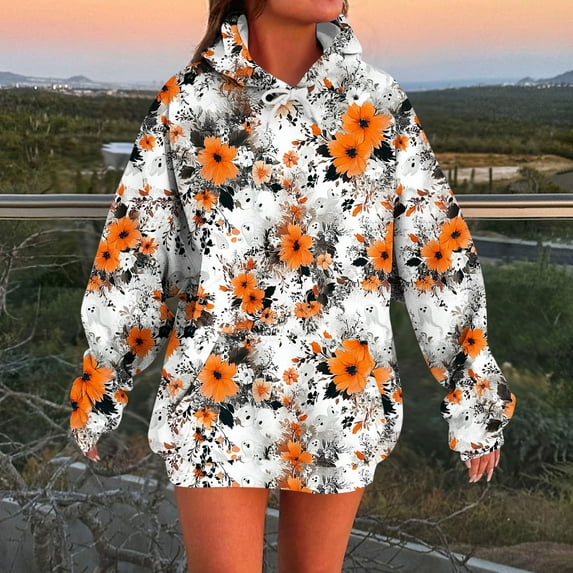 Halloween Sweatshirts for Women Oversized Long Sleeve Pumpkin Face Graphic Drawstring Hoodie Season Loose Thick Warm Pullover 2025 Fall Winter Festival Sweatshirt with Pocket Fit Funny GiftsXdegoge