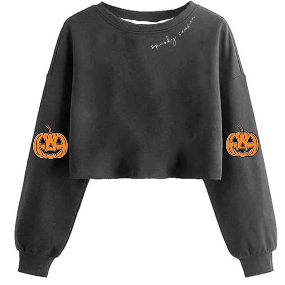 Halloween Sweatshirts Womens Crewneck Crop Pullover Tops Ghost Printed Long Sleeve Holiday Outfits for Teen Girls (L, Gray B)
