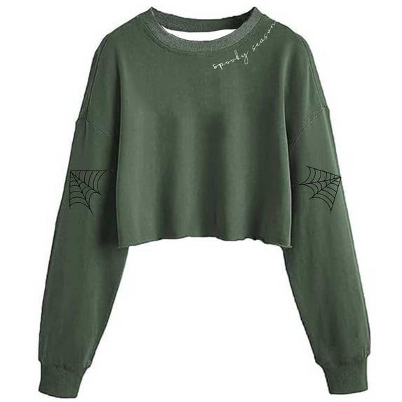 Halloween Sweatshirts Womens Crewneck Crop Pullover Tops Ghost Printed Long Sleeve Holiday Outfits for Teen Girls (L, Green A)
