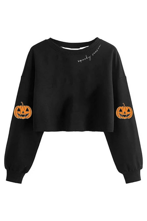 Halloween Sweatshirts Womens Crewneck Crop Pullover Tops Ghost Printed Long Sleeve Holiday Outfits for Teen Girls (XL, Black B)
