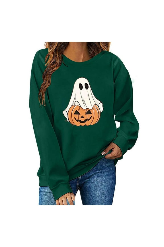 Halloween Sweatshirts for Womens Crewneck Fall Winter Long Sleeve Sweaters Ghost Printed Shirts Casual Blouses Loose Fitting Sweatshirt Pullover Top Halloween Costumes
