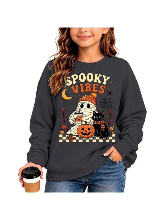 Halloween Sweatshirts for Kids Girls Spooky Vibes Ghost Pumpkin Graphic Crewneck Pullover Tops (H02-Grey)