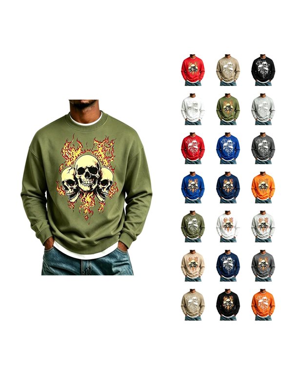 Halloween Sweatshirts for Men Long Sleeve Loose Casual Crewneck Novelty Skull Graphic Sweatshirt Pullover