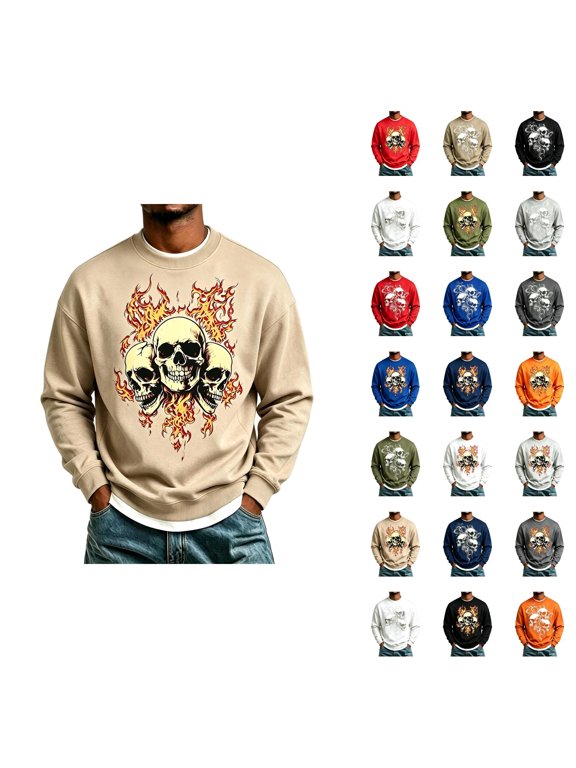 Halloween Sweatshirts for Men Long Sleeve Loose Casual Crewneck Novelty Skull Graphic Sweatshirt Pullover