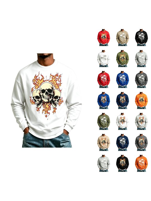 Halloween Sweatshirts for Men Long Sleeve Loose Casual Crewneck Novelty Skull Graphic Sweatshirt Pullover