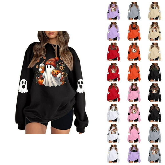 Halloween Sweatshirts for Women 2025 Long Sleeve Crewneck Cute Boo Ghost Graphic Sweatshirt Pullover Tops