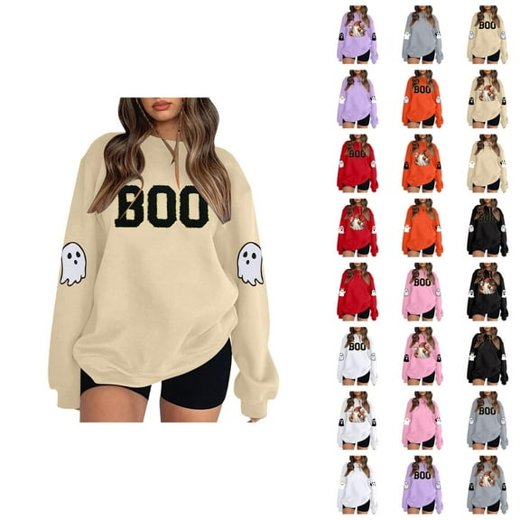 Halloween Sweatshirts for Women 2025 Long Sleeve Crewneck Cute Boo Ghost Graphic Sweatshirt Pullover Tops