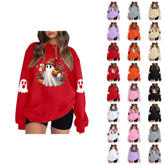 Halloween Sweatshirts for Women 2025 Long Sleeve Crewneck Cute Boo Ghost Graphic Sweatshirt Pullover Tops