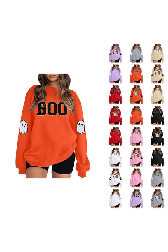 Halloween Sweatshirts for Women 2025 Long Sleeve Crewneck Cute Boo Ghost Graphic Sweatshirt Pullover Tops