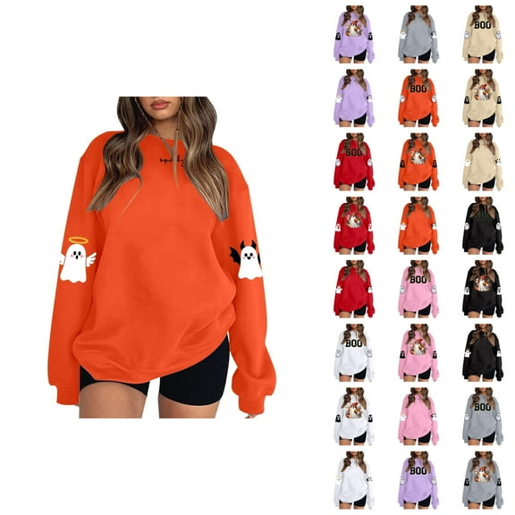 Halloween Sweatshirts for Women 2025 Long Sleeve Crewneck Cute Boo Ghost Graphic Sweatshirt Pullover Tops