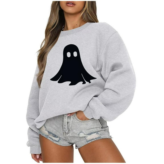 Halloween Sweatshirts for Women Cute Print Long Sleeve Crew Neck Tops Oversized Loose Casual Pullover Shirts(Gray XL)