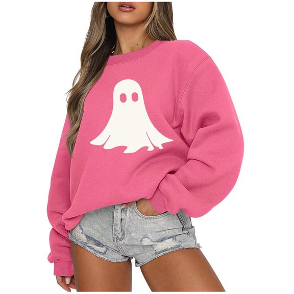Halloween Sweatshirts for Women Cute Print Long Sleeve Crew Neck Tops Oversized Loose Casual Pullover Shirts(Hot Pink XXL)