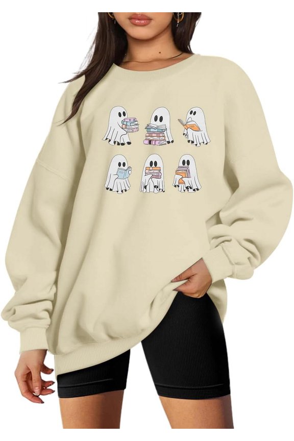 Halloween Sweatshirts for Women Ghost Reading Books Sweater Cute Spooky Bookish Shirt Fall Pullover Tops