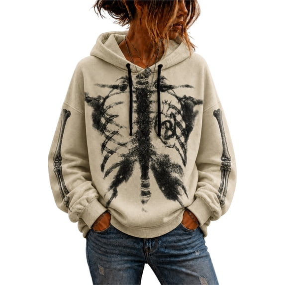 Halloween Sweatshirts for Women Long SLeeve Gothic Skeleton Print Y2k Dark Style Vintage Punk Fall Hoodie Dark Gray XL