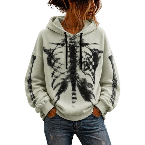 Halloween Sweatshirts for Women Long SLeeve Gothic Skeleton Print Y2k Dark Style Vintage Punk Fall Hoodie Green L