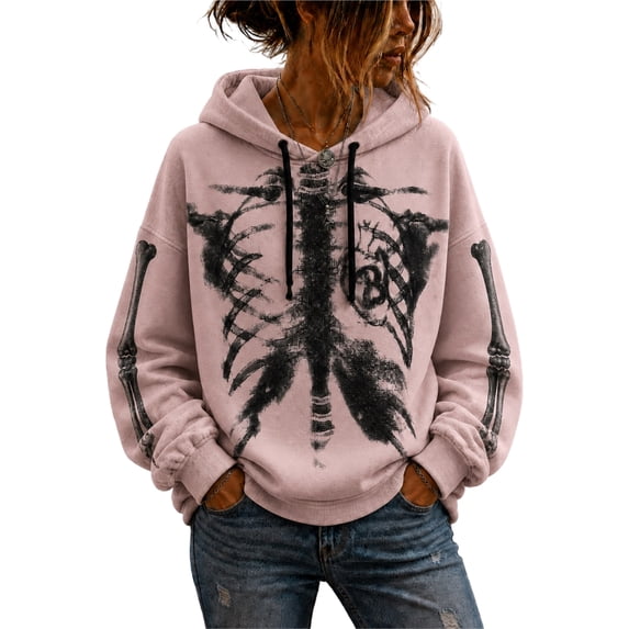 Halloween Sweatshirts for Women Long SLeeve Gothic Skeleton Print Y2k Dark Style Vintage Punk Fall Hoodie Pink S
