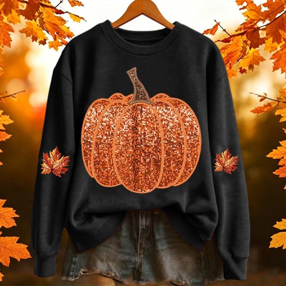 Halloween Sweatshirts for Women Long Sleeve Crew Neck Pumpkin Print Tops Fall Casual Womens Sweatshirt