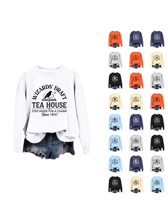 Halloween Sweatshirts for Women Long Sleeve Crewneck Funny Wizards' Draft Tea House Graphic Sweatshirt Pullover Tops