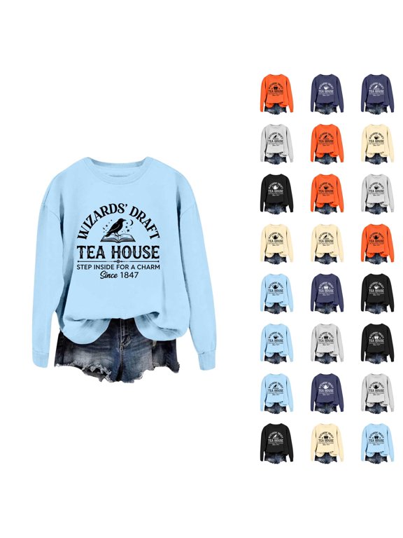 Halloween Sweatshirts for Women Long Sleeve Crewneck Funny Wizards' Draft Tea House Graphic Sweatshirt Pullover Tops